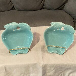 VTG 1960's HOENIG of CALIFORNIA Pottery-Set of 2 Turquoise Blue Apple Dishes-EUC